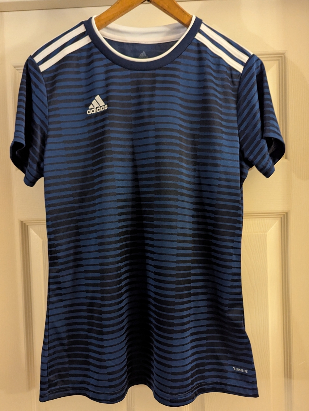 Adidas Blue & Black Striped 'Climalite Performance Tee Short Sleeve Medium